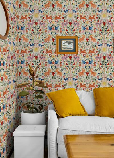 Whimsical Creatures Cream Peel and Stick Wallpaper in a room setting