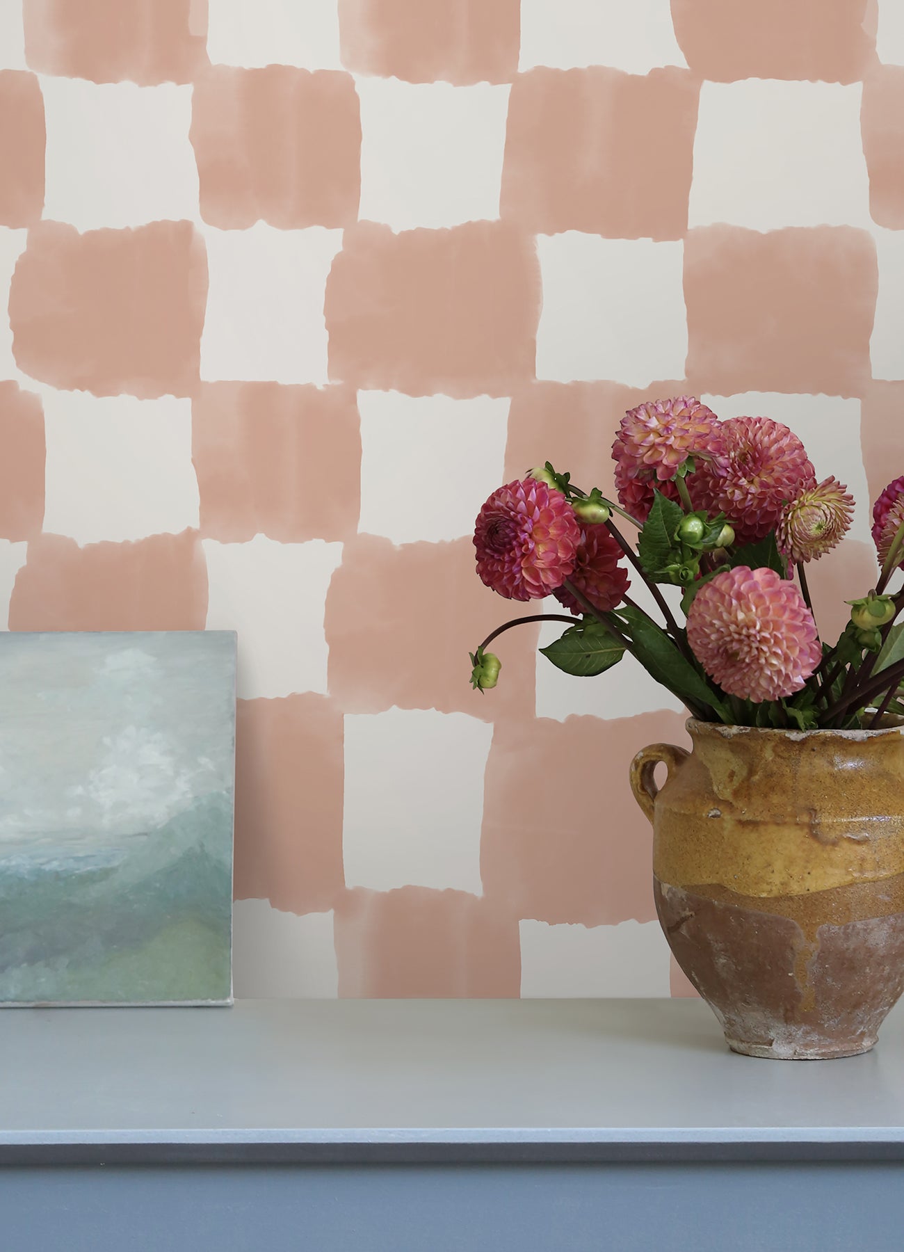 Tess Watercolor Checker P&S Wallpaper in a room setting