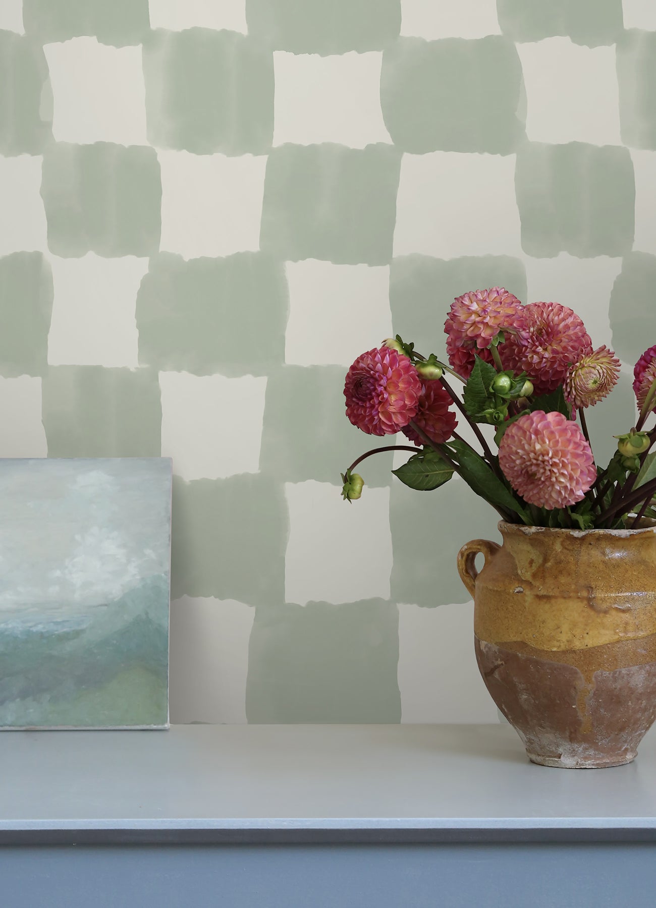 Tess Watercolor Checker P&S Wallpaper in a room setting
