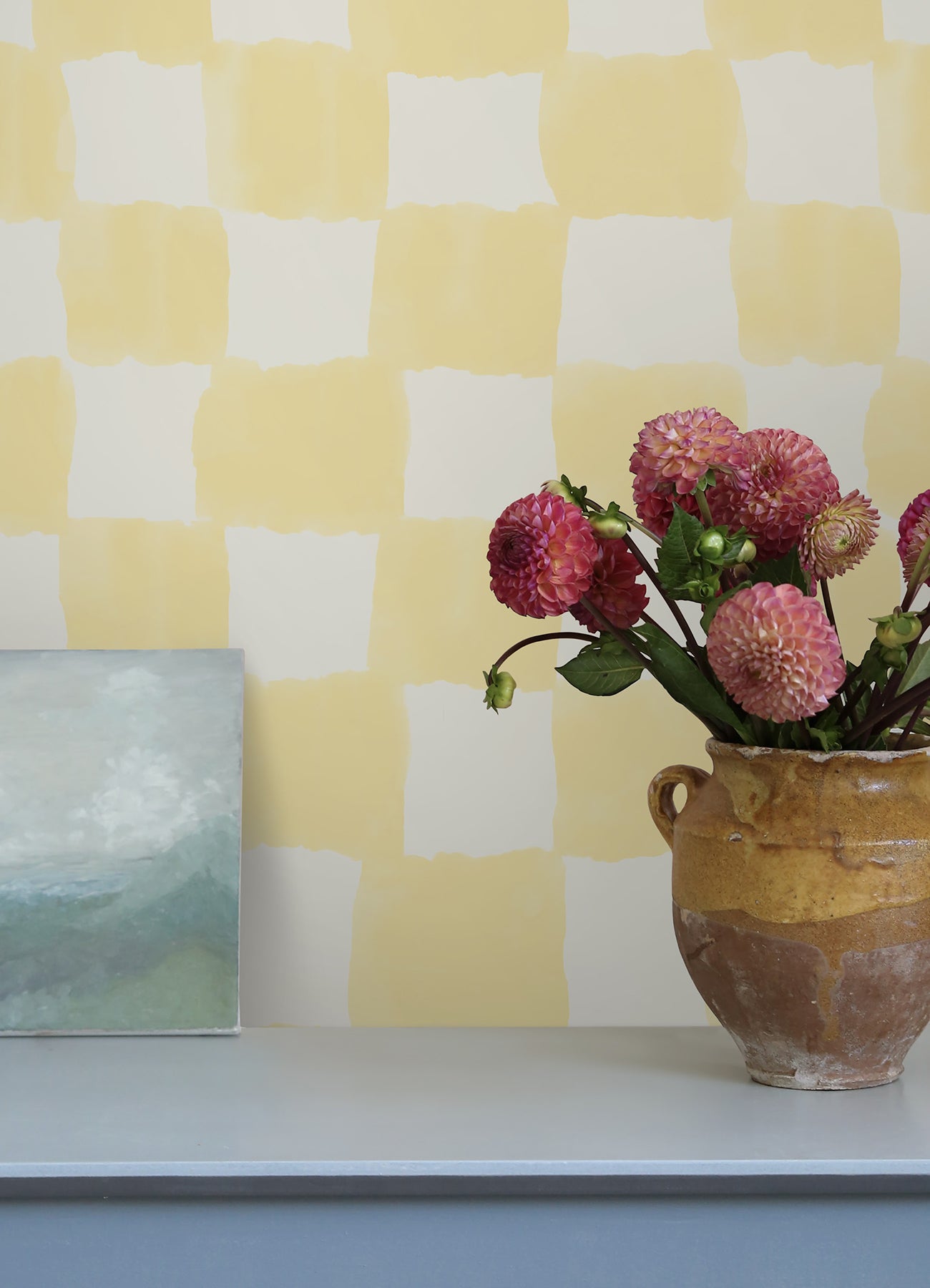 Tess Watercolor Checker P&S Wallpaper in a room setting