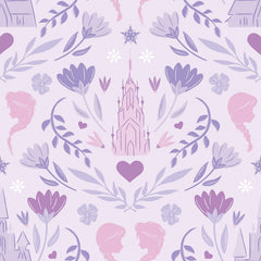 WallPops Frozen II Frozen Castle Damask Peel and Stick Wallpaper features pastel pink and lavender castle motifs with floral patterns, stylized flowers, leaves, hearts, and face profiles. Removable. Dimensions: 18 ft x 20.5 in.