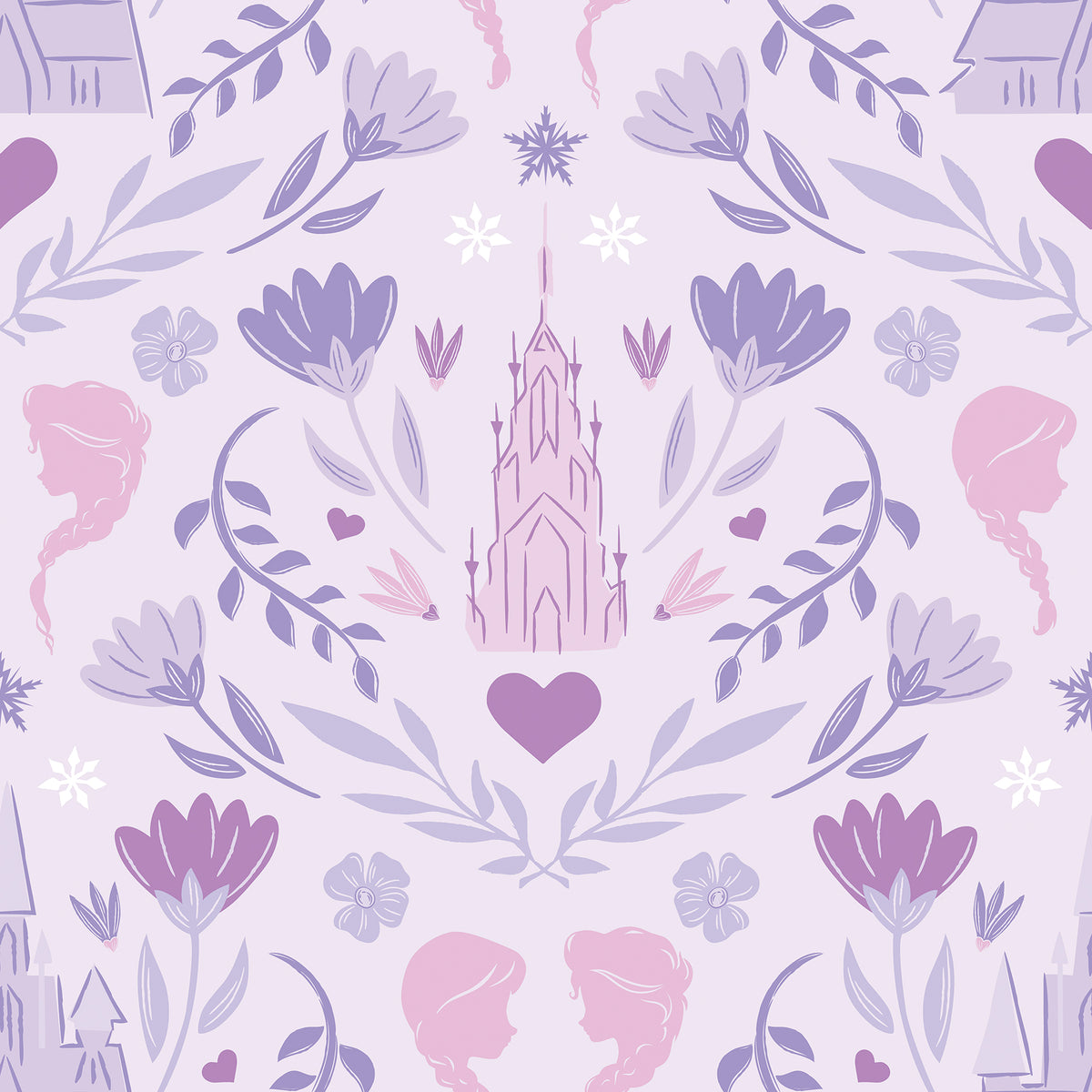 WallPops Frozen II Frozen Castle Damask Peel and Stick Wallpaper features pastel pink and lavender castle motifs with floral patterns, stylized flowers, leaves, hearts, and face profiles. Removable. Dimensions: 18 ft x 20.5 in.