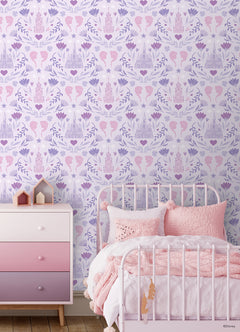 WallPops Frozen II Frozen Castle Damask Peel and Stick Wallpaper features pastel pink and lavender castle motifs with floral patterns, stylized flowers, leaves, hearts, and face profiles. Removable. Dimensions: 18 ft x 20.5 in.