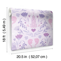 WallPops Frozen II Frozen Castle Damask Peel and Stick Wallpaper features pastel pink and lavender castle motifs with floral patterns, stylized flowers, leaves, hearts, and face profiles. Removable. Dimensions: 18 ft x 20.5 in.