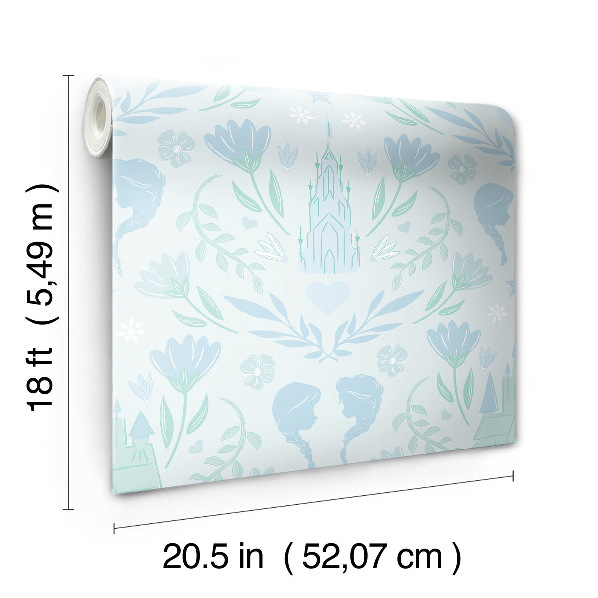 WallPops Frozen II Frozen Castle Damask Peel and Stick Wallpaper features pastel pink and lavender castle motifs with floral patterns, stylized flowers, leaves, hearts, and face profiles. Removable. Dimensions: 18 ft x 20.5 in.
