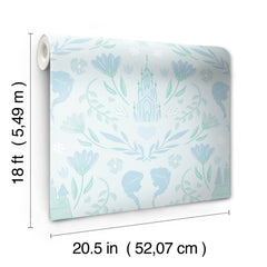 WallPops Frozen II Frozen Castle Damask Peel and Stick Wallpaper features pastel pink and lavender castle motifs with floral patterns, stylized flowers, leaves, hearts, and face profiles. Removable. Dimensions: 18 ft x 20.5 in.