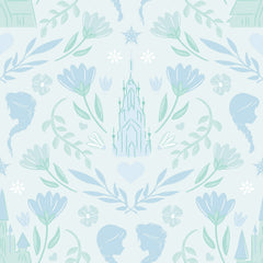 WallPops Frozen II Frozen Castle Damask Peel and Stick Wallpaper features pastel pink and lavender castle motifs with floral patterns, stylized flowers, leaves, hearts, and face profiles. Removable. Dimensions: 18 ft x 20.5 in.