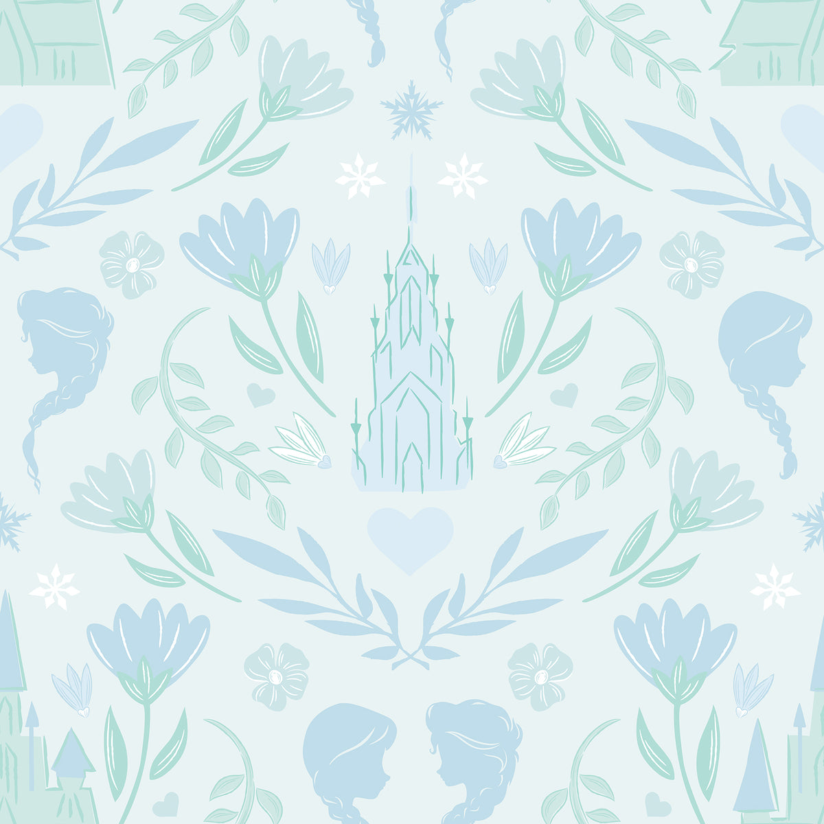 WallPops Frozen II Frozen Castle Damask Peel and Stick Wallpaper features pastel pink and lavender castle motifs with floral patterns, stylized flowers, leaves, hearts, and face profiles. Removable. Dimensions: 18 ft x 20.5 in.