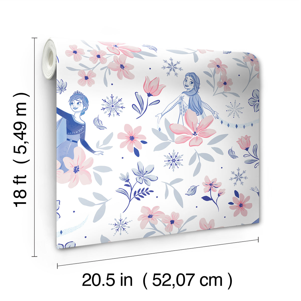 Hands with a silver ring smooth Frozen II Frozen 2 Anna and Elsa Floral Peel and Stick Wallpaper by WallPops onto a cream wall, aligning its repeating pink floral pattern and cartoon girls in blue dresses.