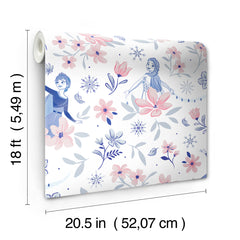 Hands with a silver ring smooth Frozen II Frozen 2 Anna and Elsa Floral Peel and Stick Wallpaper by WallPops onto a cream wall, aligning its repeating pink floral pattern and cartoon girls in blue dresses.