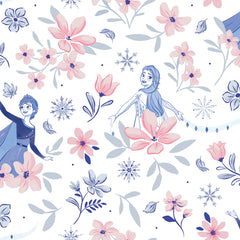 Hands with a silver ring smooth Frozen II Frozen 2 Anna and Elsa Floral Peel and Stick Wallpaper by WallPops onto a cream wall, aligning its repeating pink floral pattern and cartoon girls in blue dresses.