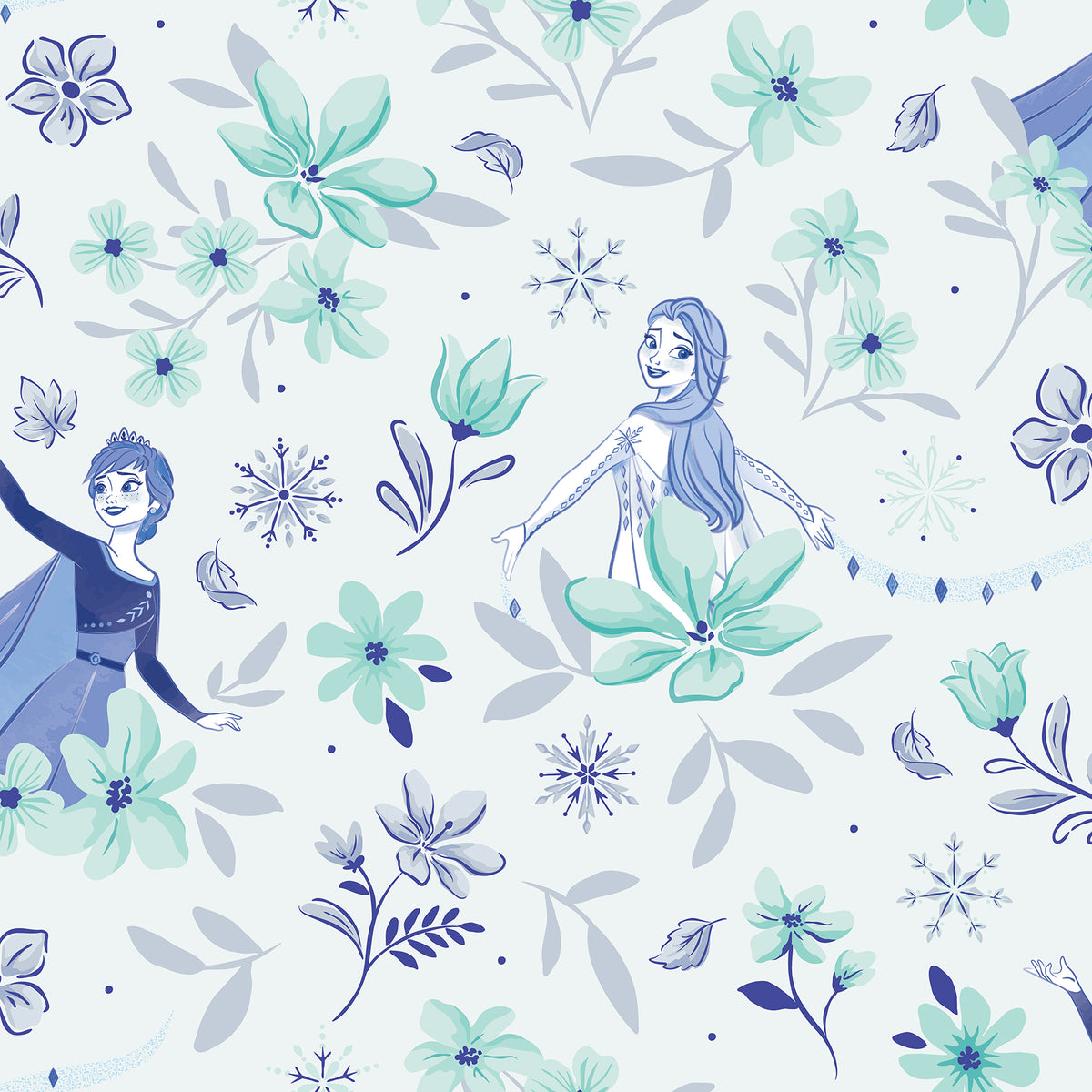 Hands with a silver ring smooth Frozen II Frozen 2 Anna and Elsa Floral Peel and Stick Wallpaper by WallPops onto a cream wall, aligning its repeating pink floral pattern and cartoon girls in blue dresses.