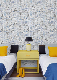 Featuring playful black line illustrations of Minions in lab coats, chemistry equipment, lab tools, QR codes, scientific diagrams, and phrases such as “MAKE SCIENCE FUN,” “TEST 7834 FINDINGS,” “SR-6,” and “LAB PASSCODE: BANANA3005” on a patterned white background with subtle watercolor stripe effects throughout. The Universal Studios Minions Science In Progress Peel and Stick Wallpaper by WallPops is perfect for adding a fun, scientific touch to any space.