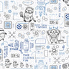 Featuring playful black line illustrations of Minions in lab coats, chemistry equipment, lab tools, QR codes, scientific diagrams, and phrases such as “MAKE SCIENCE FUN,” “TEST 7834 FINDINGS,” “SR-6,” and “LAB PASSCODE: BANANA3005” on a patterned white background with subtle watercolor stripe effects throughout. The Universal Studios Minions Science In Progress Peel and Stick Wallpaper by WallPops is perfect for adding a fun, scientific touch to any space.