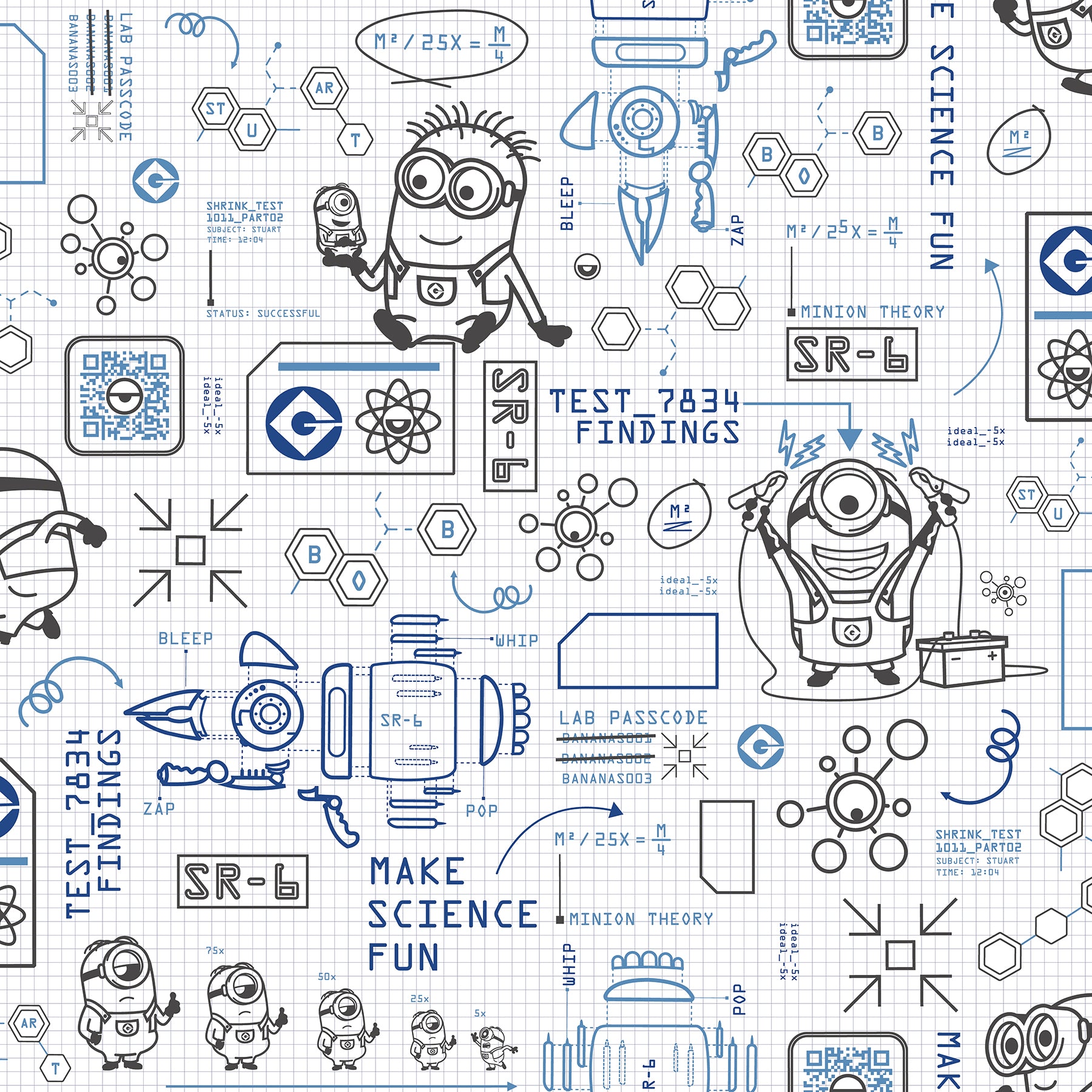 Featuring playful black line illustrations of Minions in lab coats, chemistry equipment, lab tools, QR codes, scientific diagrams, and phrases such as “MAKE SCIENCE FUN,” “TEST 7834 FINDINGS,” “SR-6,” and “LAB PASSCODE: BANANA3005” on a patterned white background with subtle watercolor stripe effects throughout. The Universal Studios Minions Science In Progress Peel and Stick Wallpaper by WallPops is perfect for adding a fun, scientific touch to any space.