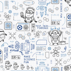 Featuring playful black line illustrations of Minions in lab coats, chemistry equipment, lab tools, QR codes, scientific diagrams, and phrases such as “MAKE SCIENCE FUN,” “TEST 7834 FINDINGS,” “SR-6,” and “LAB PASSCODE: BANANA3005” on a patterned white background with subtle watercolor stripe effects throughout. The Universal Studios Minions Science In Progress Peel and Stick Wallpaper by WallPops is perfect for adding a fun, scientific touch to any space.