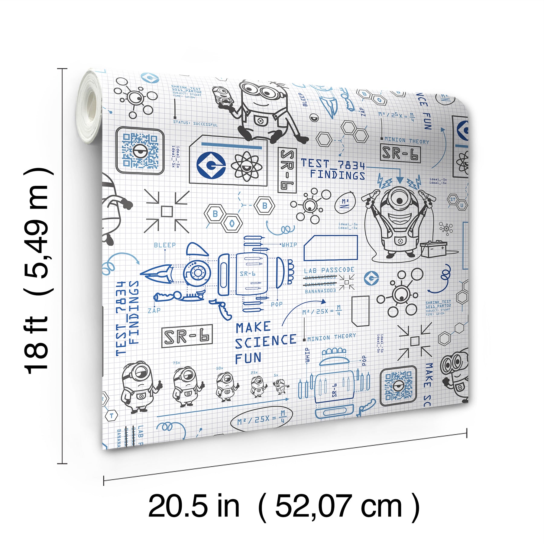 Featuring playful black line illustrations of Minions in lab coats, chemistry equipment, lab tools, QR codes, scientific diagrams, and phrases such as “MAKE SCIENCE FUN,” “TEST 7834 FINDINGS,” “SR-6,” and “LAB PASSCODE: BANANA3005” on a patterned white background with subtle watercolor stripe effects throughout. The Universal Studios Minions Science In Progress Peel and Stick Wallpaper by WallPops is perfect for adding a fun, scientific touch to any space.