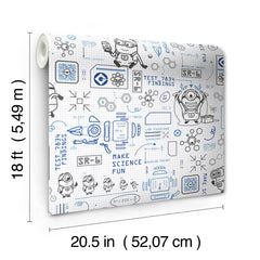 Featuring playful black line illustrations of Minions in lab coats, chemistry equipment, lab tools, QR codes, scientific diagrams, and phrases such as “MAKE SCIENCE FUN,” “TEST 7834 FINDINGS,” “SR-6,” and “LAB PASSCODE: BANANA3005” on a patterned white background with subtle watercolor stripe effects throughout. The Universal Studios Minions Science In Progress Peel and Stick Wallpaper by WallPops is perfect for adding a fun, scientific touch to any space.