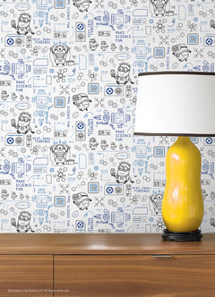 Featuring playful black line illustrations of Minions in lab coats, chemistry equipment, lab tools, QR codes, scientific diagrams, and phrases such as “MAKE SCIENCE FUN,” “TEST 7834 FINDINGS,” “SR-6,” and “LAB PASSCODE: BANANA3005” on a patterned white background with subtle watercolor stripe effects throughout. The Universal Studios Minions Science In Progress Peel and Stick Wallpaper by WallPops is perfect for adding a fun, scientific touch to any space.