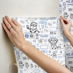 Featuring playful black line illustrations of Minions in lab coats, chemistry equipment, lab tools, QR codes, scientific diagrams, and phrases such as “MAKE SCIENCE FUN,” “TEST 7834 FINDINGS,” “SR-6,” and “LAB PASSCODE: BANANA3005” on a patterned white background with subtle watercolor stripe effects throughout. The Universal Studios Minions Science In Progress Peel and Stick Wallpaper by WallPops is perfect for adding a fun, scientific touch to any space.