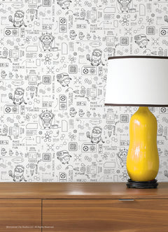 Featuring playful black line illustrations of Minions in lab coats, chemistry equipment, lab tools, QR codes, scientific diagrams, and phrases such as “MAKE SCIENCE FUN,” “TEST 7834 FINDINGS,” “SR-6,” and “LAB PASSCODE: BANANA3005” on a patterned white background with subtle watercolor stripe effects throughout. The Universal Studios Minions Science In Progress Peel and Stick Wallpaper by WallPops is perfect for adding a fun, scientific touch to any space.