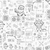 Featuring playful black line illustrations of Minions in lab coats, chemistry equipment, lab tools, QR codes, scientific diagrams, and phrases such as “MAKE SCIENCE FUN,” “TEST 7834 FINDINGS,” “SR-6,” and “LAB PASSCODE: BANANA3005” on a patterned white background with subtle watercolor stripe effects throughout. The Universal Studios Minions Science In Progress Peel and Stick Wallpaper by WallPops is perfect for adding a fun, scientific touch to any space.