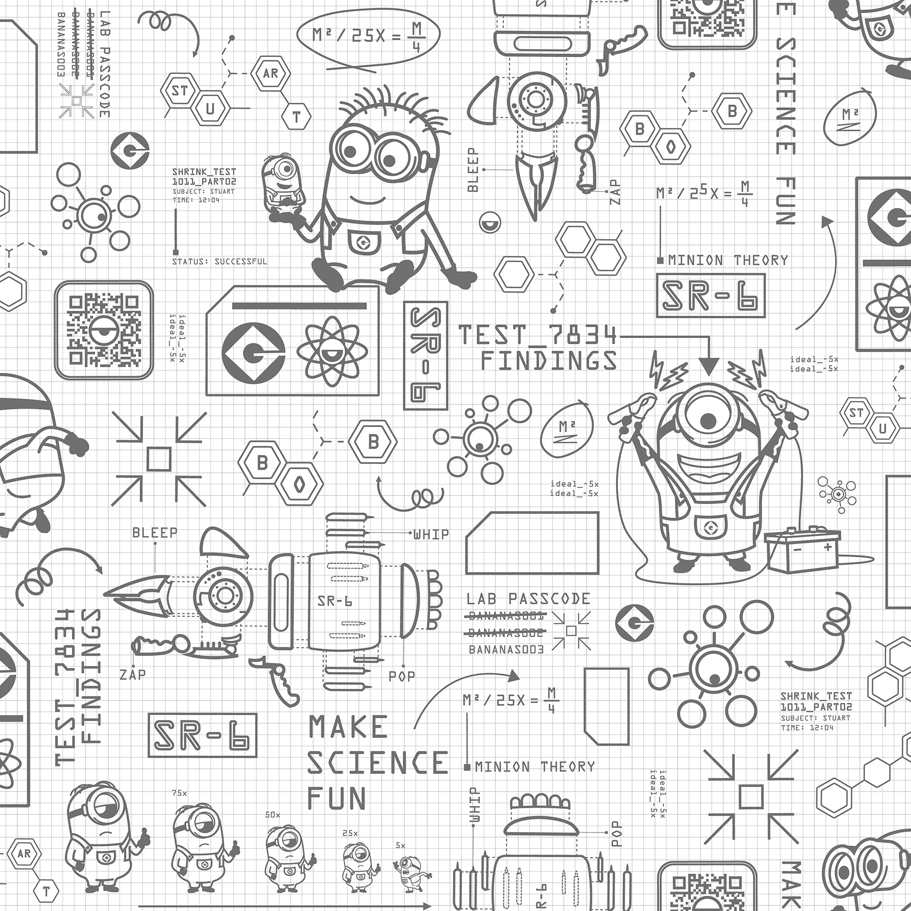 Featuring playful black line illustrations of Minions in lab coats, chemistry equipment, lab tools, QR codes, scientific diagrams, and phrases such as “MAKE SCIENCE FUN,” “TEST 7834 FINDINGS,” “SR-6,” and “LAB PASSCODE: BANANA3005” on a patterned white background with subtle watercolor stripe effects throughout. The Universal Studios Minions Science In Progress Peel and Stick Wallpaper by WallPops is perfect for adding a fun, scientific touch to any space.