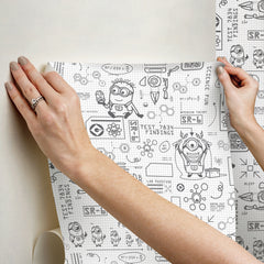 Featuring playful black line illustrations of Minions in lab coats, chemistry equipment, lab tools, QR codes, scientific diagrams, and phrases such as “MAKE SCIENCE FUN,” “TEST 7834 FINDINGS,” “SR-6,” and “LAB PASSCODE: BANANA3005” on a patterned white background with subtle watercolor stripe effects throughout. The Universal Studios Minions Science In Progress Peel and Stick Wallpaper by WallPops is perfect for adding a fun, scientific touch to any space.
