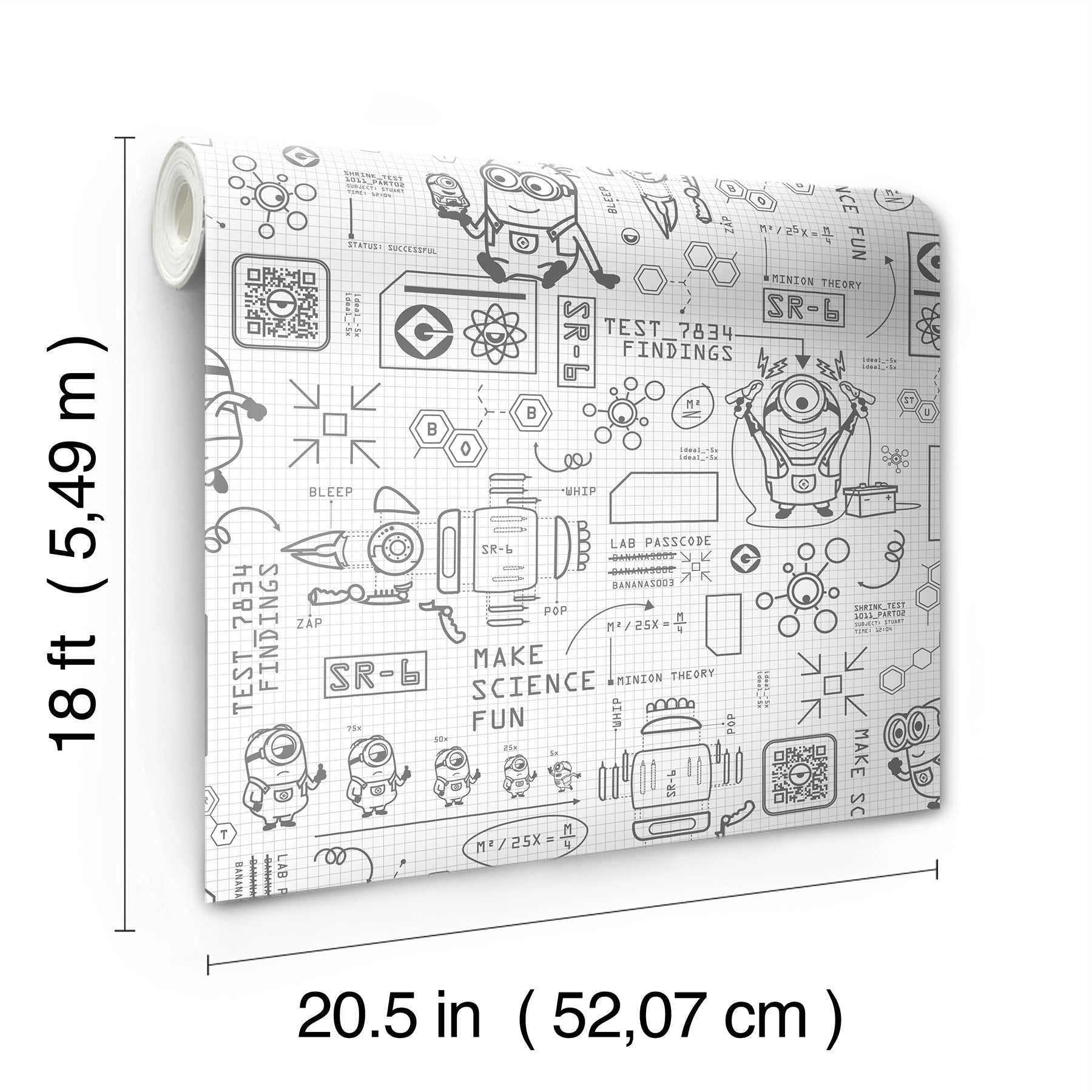 Featuring playful black line illustrations of Minions in lab coats, chemistry equipment, lab tools, QR codes, scientific diagrams, and phrases such as “MAKE SCIENCE FUN,” “TEST 7834 FINDINGS,” “SR-6,” and “LAB PASSCODE: BANANA3005” on a patterned white background with subtle watercolor stripe effects throughout. The Universal Studios Minions Science In Progress Peel and Stick Wallpaper by WallPops is perfect for adding a fun, scientific touch to any space.