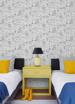 Featuring playful black line illustrations of Minions in lab coats, chemistry equipment, lab tools, QR codes, scientific diagrams, and phrases such as “MAKE SCIENCE FUN,” “TEST 7834 FINDINGS,” “SR-6,” and “LAB PASSCODE: BANANA3005” on a patterned white background with subtle watercolor stripe effects throughout. The Universal Studios Minions Science In Progress Peel and Stick Wallpaper by WallPops is perfect for adding a fun, scientific touch to any space.