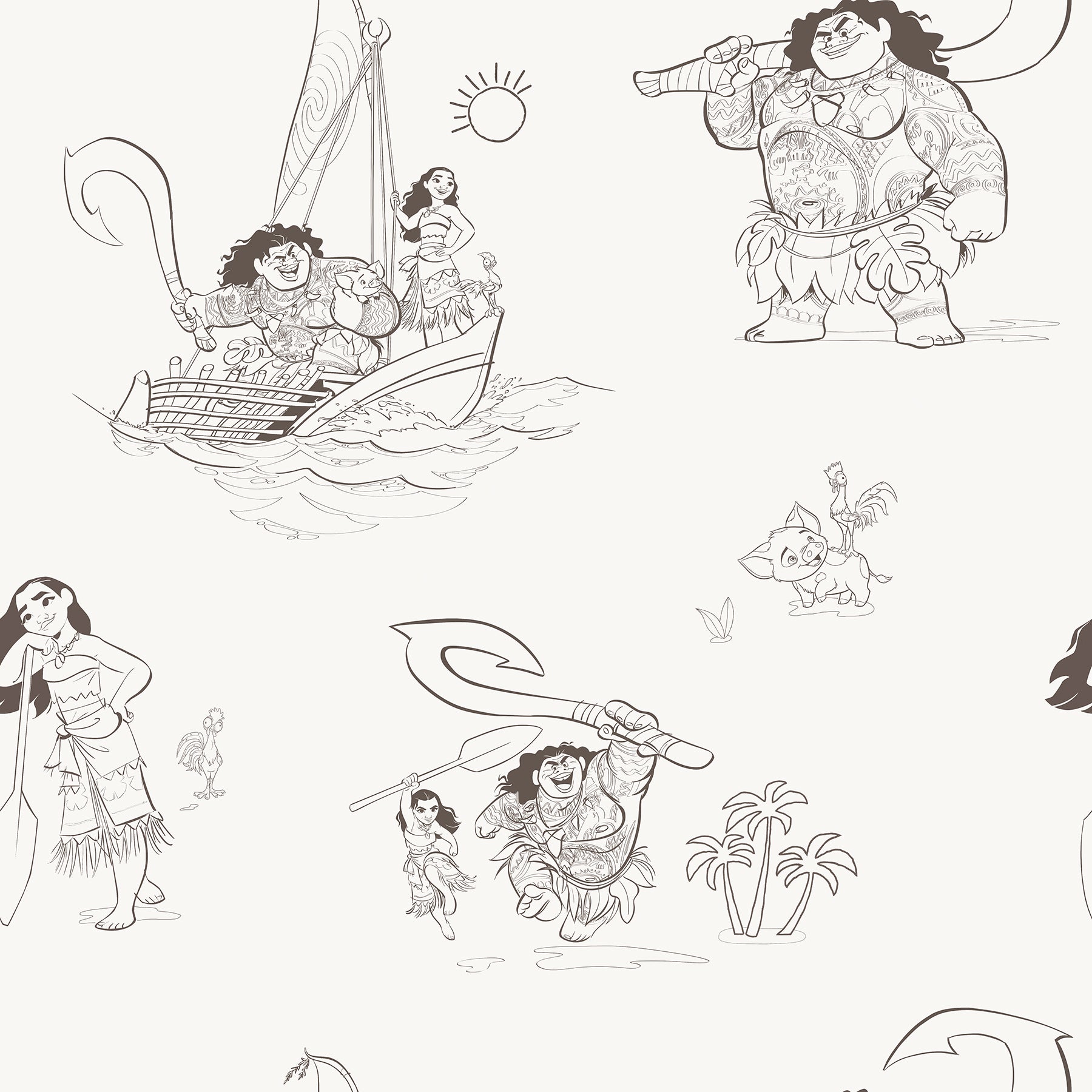 Bring the adventurous spirit of Moana to your space with the Disney Moana Line Art Peel and Stick Wallpaper from WallPops. Featuring playful, sketch-like illustrations of Moana, Maui, and other favorite characters—sailing a boat, holding a fishhook, exploring islands, and joined by a rooster and pig—this removable wallpaper is easy to apply on a light background for an uplifting touch to any room.