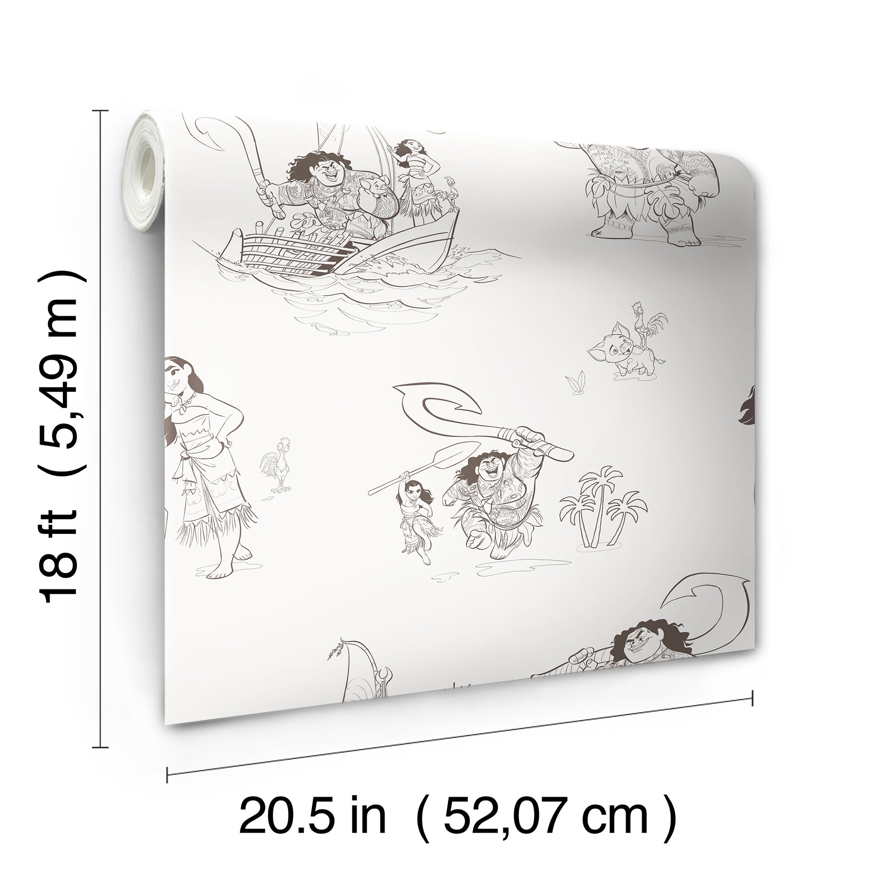 Bring the adventurous spirit of Moana to your space with the Disney Moana Line Art Peel and Stick Wallpaper from WallPops. Featuring playful, sketch-like illustrations of Moana, Maui, and other favorite characters—sailing a boat, holding a fishhook, exploring islands, and joined by a rooster and pig—this removable wallpaper is easy to apply on a light background for an uplifting touch to any room.