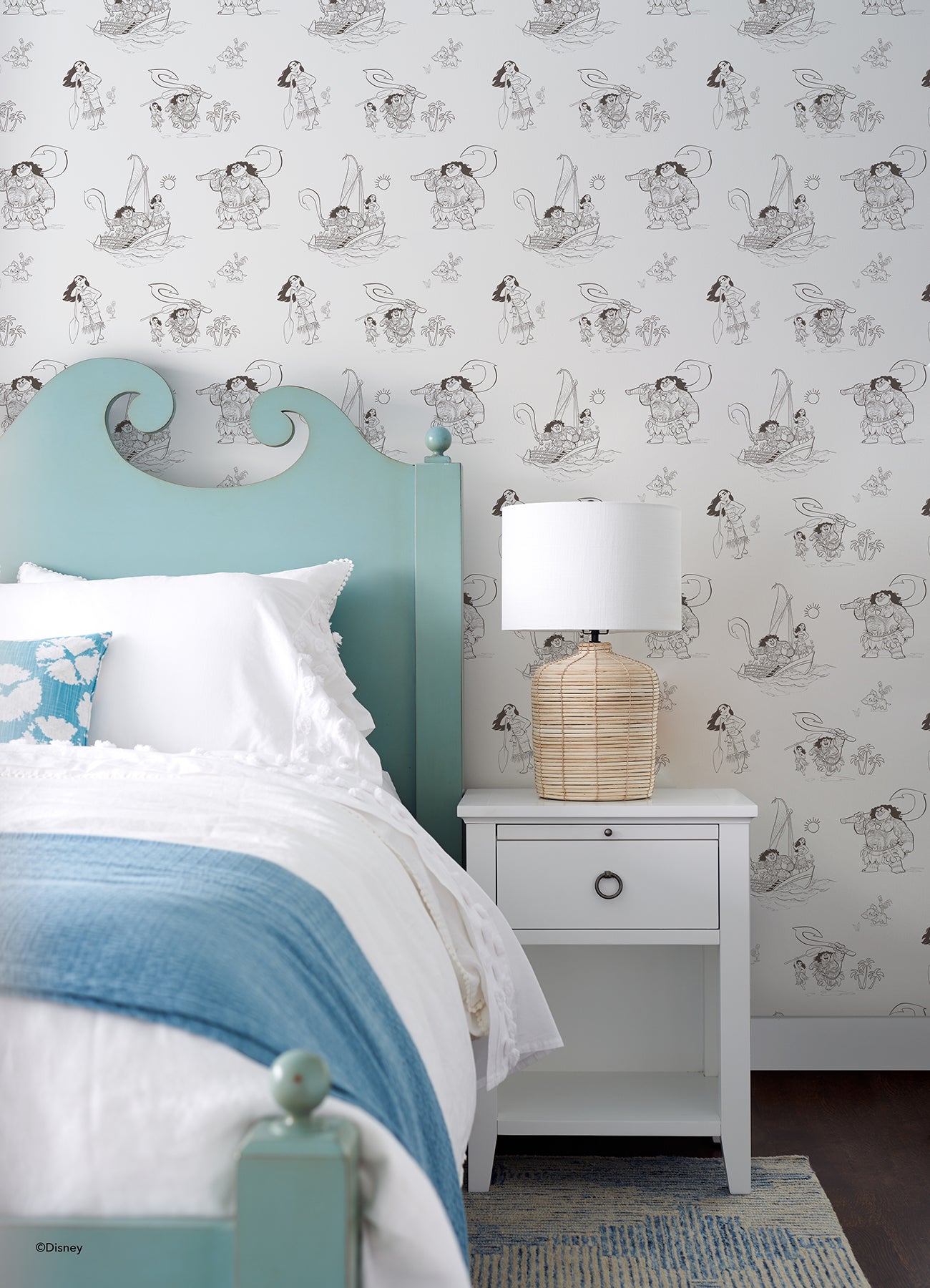Bring the adventurous spirit of Moana to your space with the Disney Moana Line Art Peel and Stick Wallpaper from WallPops. Featuring playful, sketch-like illustrations of Moana, Maui, and other favorite characters—sailing a boat, holding a fishhook, exploring islands, and joined by a rooster and pig—this removable wallpaper is easy to apply on a light background for an uplifting touch to any room.