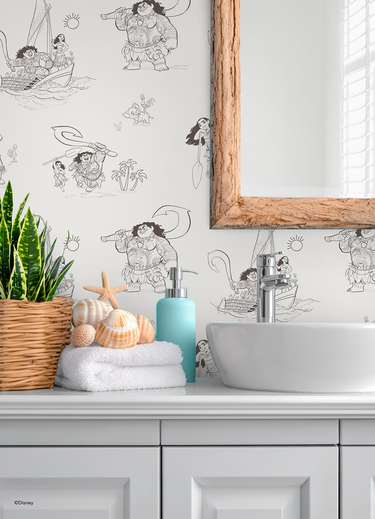 Bring the adventurous spirit of Moana to your space with the Disney Moana Line Art Peel and Stick Wallpaper from WallPops. Featuring playful, sketch-like illustrations of Moana, Maui, and other favorite characters—sailing a boat, holding a fishhook, exploring islands, and joined by a rooster and pig—this removable wallpaper is easy to apply on a light background for an uplifting touch to any room.
