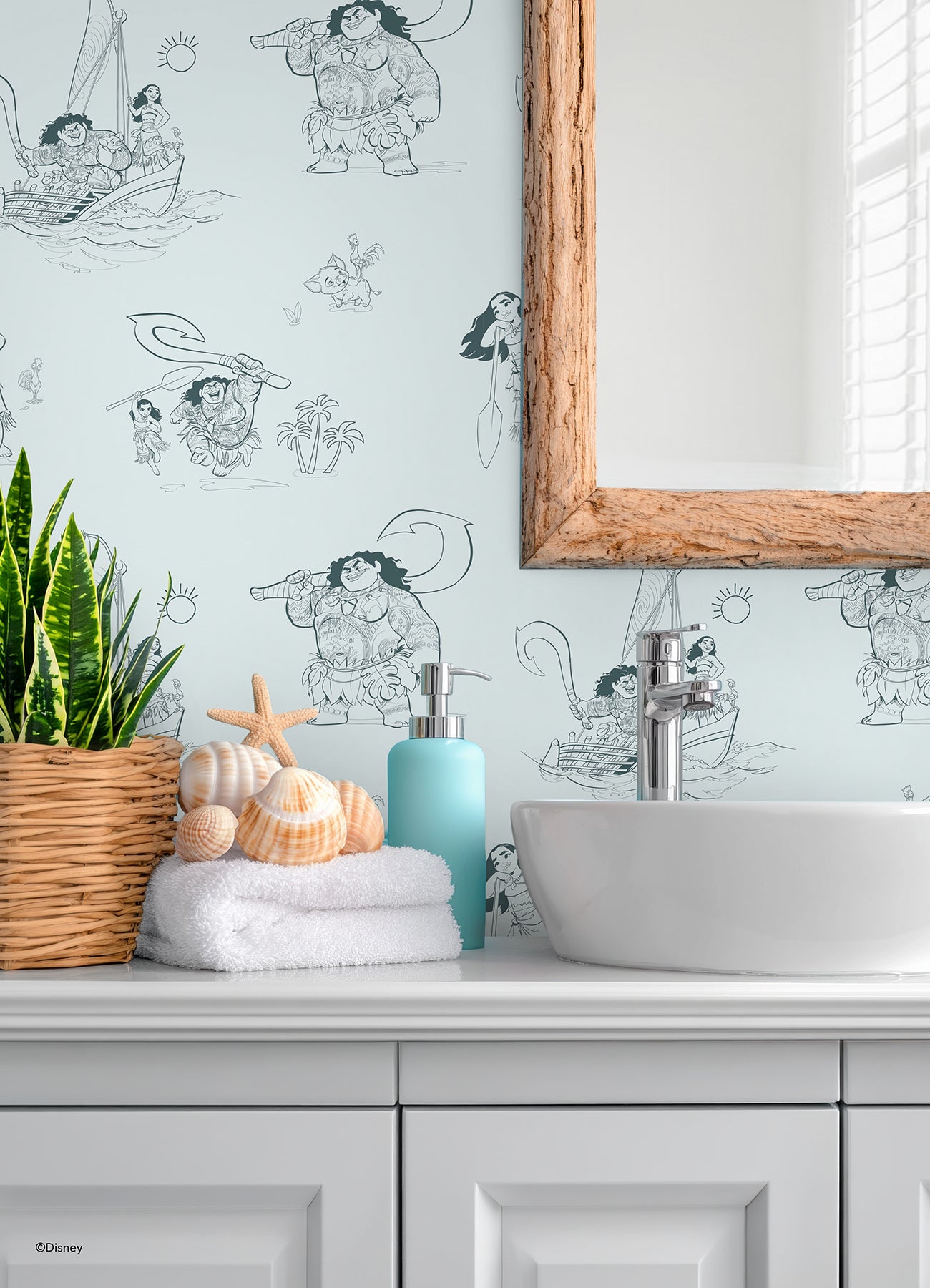 Bring the adventurous spirit of Moana to your space with the Disney Moana Line Art Peel and Stick Wallpaper from WallPops. Featuring playful, sketch-like illustrations of Moana, Maui, and other favorite characters—sailing a boat, holding a fishhook, exploring islands, and joined by a rooster and pig—this removable wallpaper is easy to apply on a light background for an uplifting touch to any room.