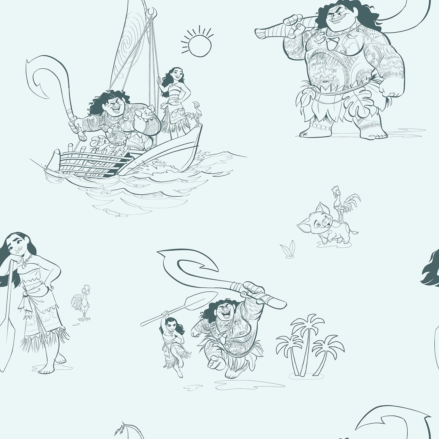 Bring the adventurous spirit of Moana to your space with the Disney Moana Line Art Peel and Stick Wallpaper from WallPops. Featuring playful, sketch-like illustrations of Moana, Maui, and other favorite characters—sailing a boat, holding a fishhook, exploring islands, and joined by a rooster and pig—this removable wallpaper is easy to apply on a light background for an uplifting touch to any room.