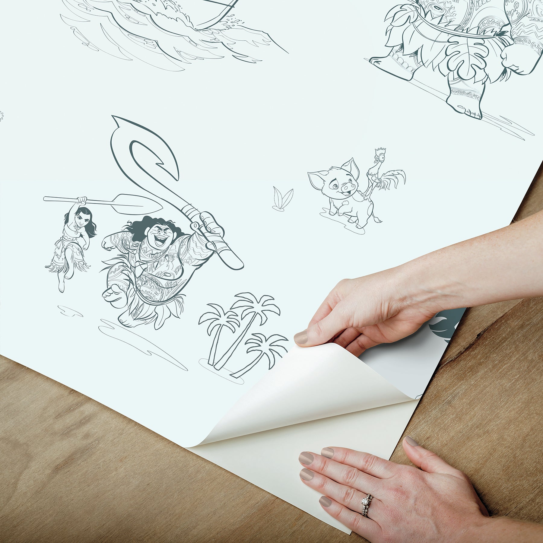 Bring the adventurous spirit of Moana to your space with the Disney Moana Line Art Peel and Stick Wallpaper from WallPops. Featuring playful, sketch-like illustrations of Moana, Maui, and other favorite characters—sailing a boat, holding a fishhook, exploring islands, and joined by a rooster and pig—this removable wallpaper is easy to apply on a light background for an uplifting touch to any room.