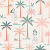 Two twin beds with white bedding flank a white nightstand, which holds a lamp, plant, and books. The WallPops Disney Moana Coconut Tree Peel and Stick Wallpaper showcases green and pink palm trees mixed with small black-and-white illustrations of women, bringing an artistic flair to the space. The overall look is fresh, playful, and tropical.