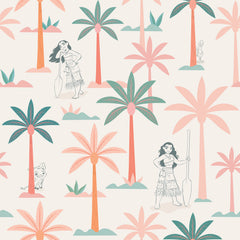 Two twin beds with white bedding flank a white nightstand, which holds a lamp, plant, and books. The WallPops Disney Moana Coconut Tree Peel and Stick Wallpaper showcases green and pink palm trees mixed with small black-and-white illustrations of women, bringing an artistic flair to the space. The overall look is fresh, playful, and tropical.