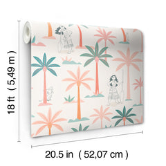 Two twin beds with white bedding flank a white nightstand, which holds a lamp, plant, and books. The WallPops Disney Moana Coconut Tree Peel and Stick Wallpaper showcases green and pink palm trees mixed with small black-and-white illustrations of women, bringing an artistic flair to the space. The overall look is fresh, playful, and tropical.