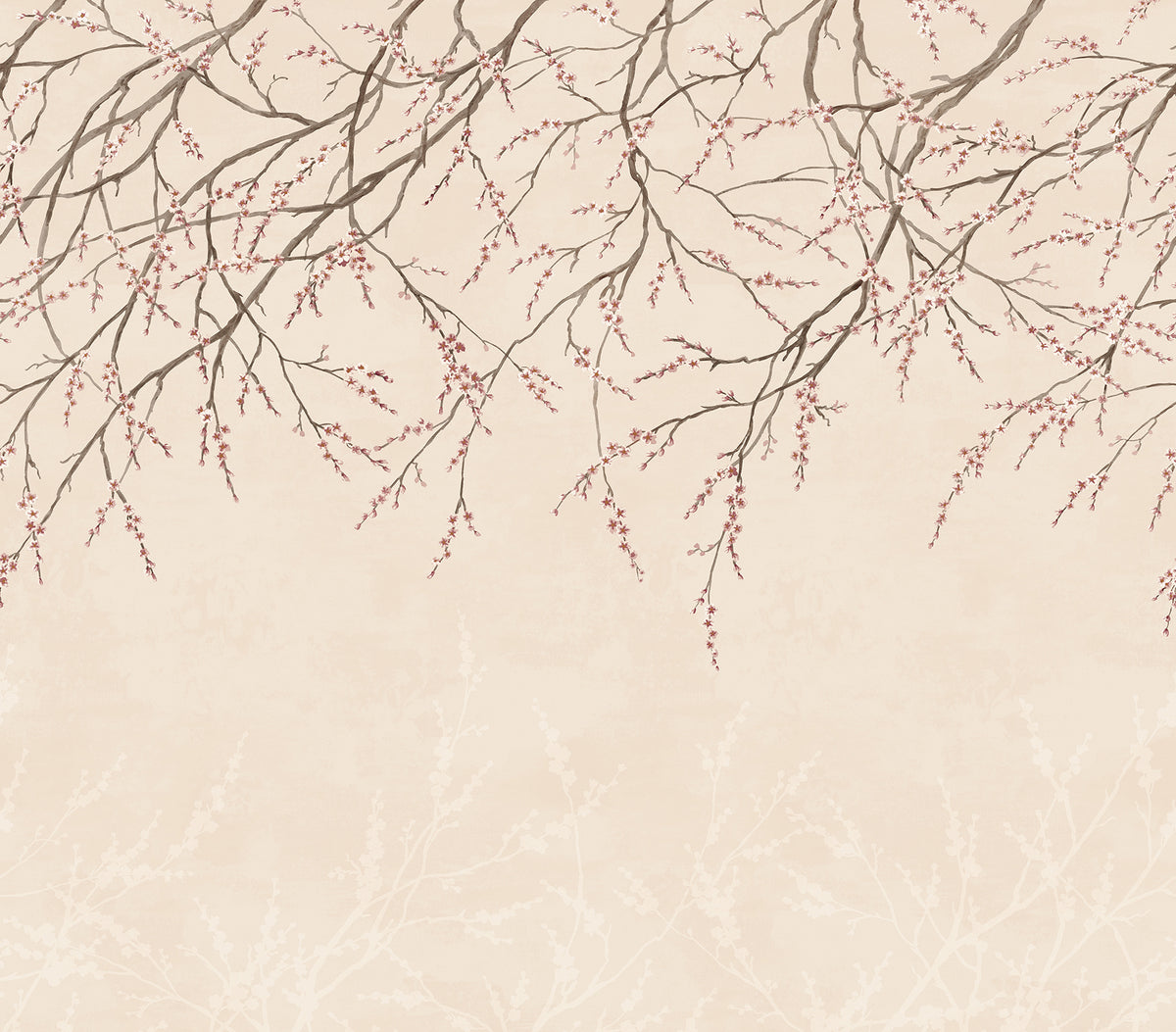The Scott Living Hanami Peel and Stick Mural features dark, sprawling branches with small pink blossoms hanging from the top against a pale cream background, with faint, ghostly silhouettes of blooming branches at the bottom.