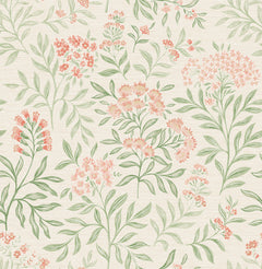 Introduce a touch of elegance to your space with the Society Social Leafy Floral Peel and Stick Wallpaper by WallPops. This seamless wallpaper features hand-drawn pink flowers and green leafy stems set against a beige textured background, creating a soft and delicate floral pattern with clusters of blooms evenly scattered throughout the design.