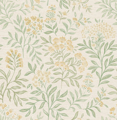 Introduce a touch of elegance to your space with the Society Social Leafy Floral Peel and Stick Wallpaper by WallPops. This seamless wallpaper features hand-drawn pink flowers and green leafy stems set against a beige textured background, creating a soft and delicate floral pattern with clusters of blooms evenly scattered throughout the design.