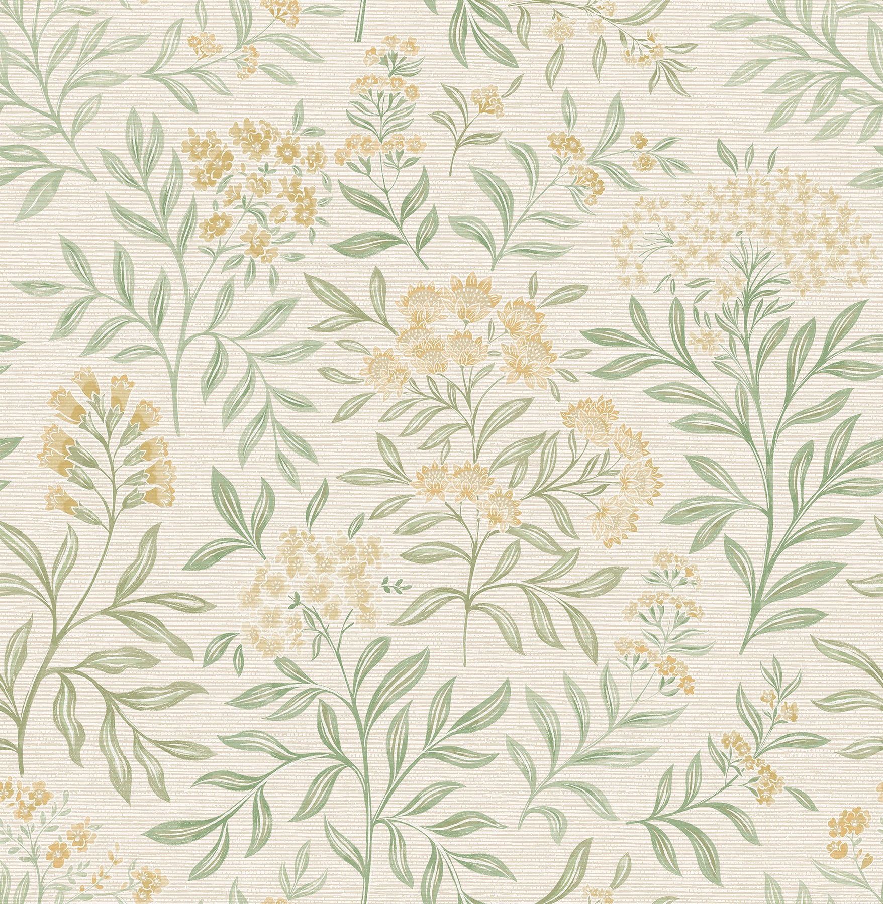 Introduce a touch of elegance to your space with the Society Social Leafy Floral Peel and Stick Wallpaper by WallPops. This seamless wallpaper features hand-drawn pink flowers and green leafy stems set against a beige textured background, creating a soft and delicate floral pattern with clusters of blooms evenly scattered throughout the design.
