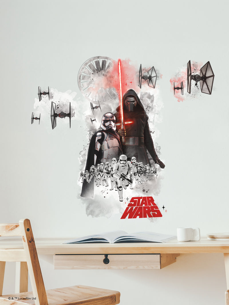 On a white wall above a desk, a “Star Wars” mural features Kylo Ren with a red lightsaber, a stormtrooper, mini stormtroopers, TIE fighters, the Death Star, and the red Star Wars logo, all in a dynamic, watercolor style. An open book is on the desk below.