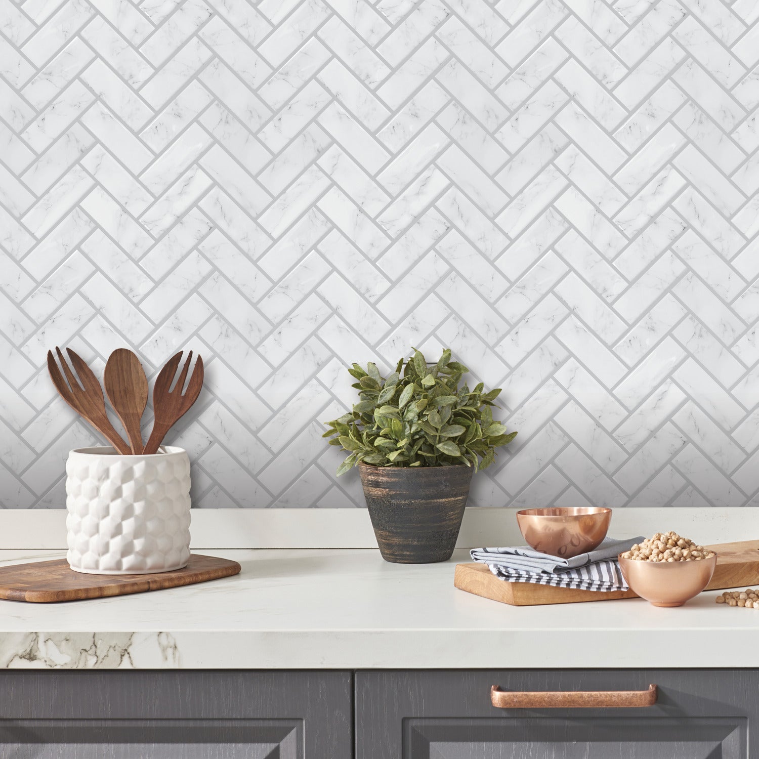 Marble Herringbone Tiles in a room setting