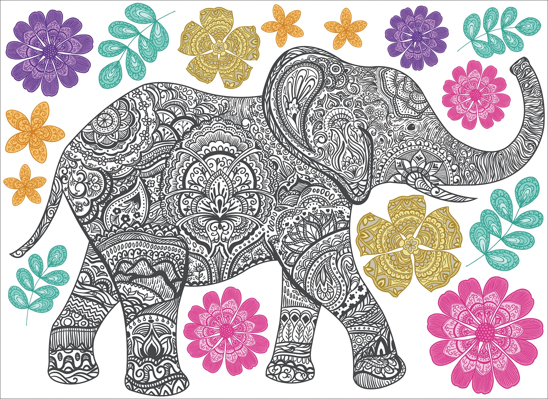 Bring vibrant artistry to your space with the WallPops Mehndi Small Wall Art Kits. This kit features a highly detailed black and white elephant illustration adorned with ornate designs, standing right amidst an array of intricate, colorful flowers in pink, yellow, orange, purple, and teal hues, complemented by lush green leaves on a crisp white background.