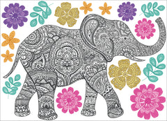 Bring vibrant artistry to your space with the WallPops Mehndi Small Wall Art Kits. This kit features a highly detailed black and white elephant illustration adorned with ornate designs, standing right amidst an array of intricate, colorful flowers in pink, yellow, orange, purple, and teal hues, complemented by lush green leaves on a crisp white background.