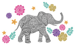 Bring vibrant artistry to your space with the WallPops Mehndi Small Wall Art Kits. This kit features a highly detailed black and white elephant illustration adorned with ornate designs, standing right amidst an array of intricate, colorful flowers in pink, yellow, orange, purple, and teal hues, complemented by lush green leaves on a crisp white background.